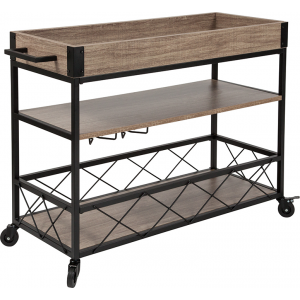 Wholesale Buckhead Distressed Light Oak Wood and Iron Kitchen Serving and Bar Cart with Wine Glass Holders