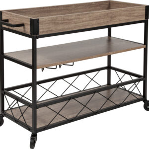 Wholesale Buckhead Distressed Light Oak Wood and Iron Kitchen Serving and Bar Cart with Wine Glass Holders