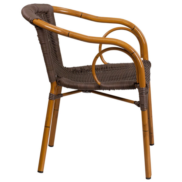 Lowest Price Cadiz Series Dark Brown Rattan Restaurant Patio Chair with Red Bamboo-Aluminum Frame