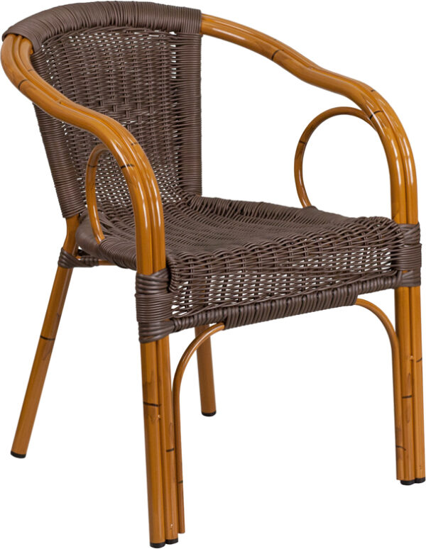 Wholesale Cadiz Series Dark Brown Rattan Restaurant Patio Chair with Red Bamboo-Aluminum Frame