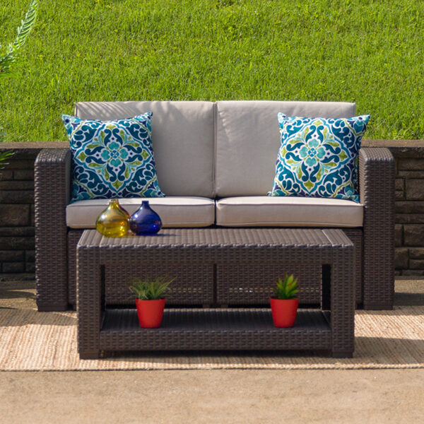 Wholesale Chocolate Brown Faux Rattan Loveseat with All-Weather Beige Cushions