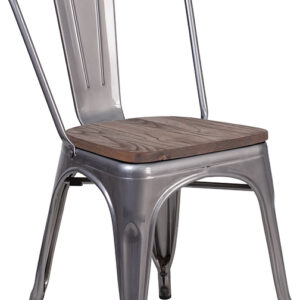 Wholesale Clear Coated Metal Stackable Chair with Wood Seat
