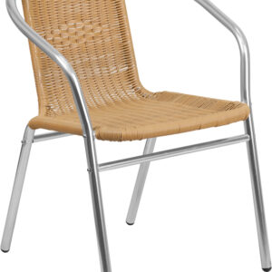 Wholesale Commercial Aluminum and Beige Rattan Indoor-Outdoor Restaurant Stack Chair