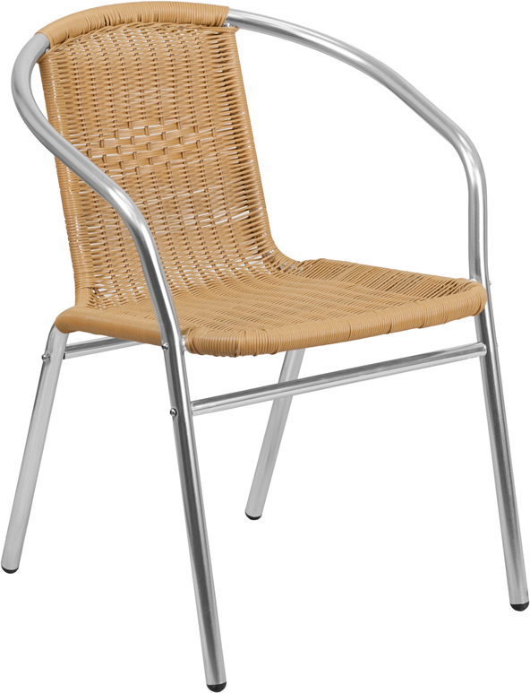 Wholesale Commercial Aluminum and Beige Rattan Indoor-Outdoor Restaurant Stack Chair