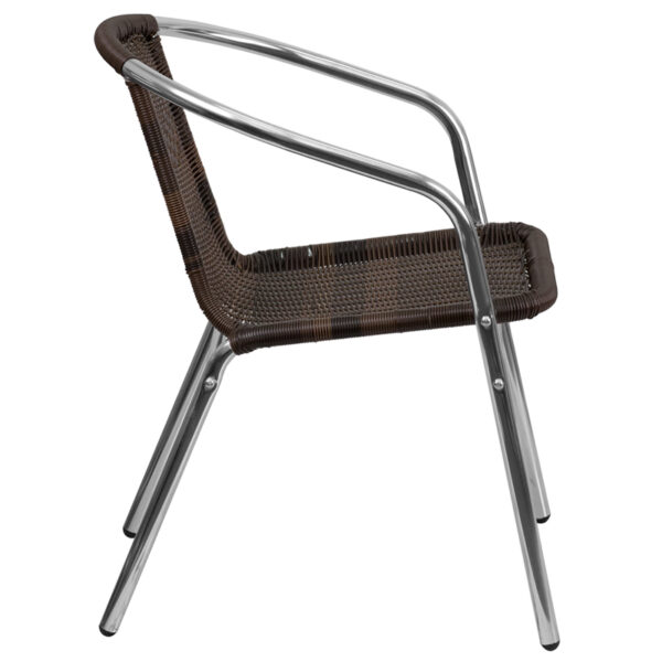 Lowest Price Commercial Aluminum and Dark Brown Rattan Indoor-Outdoor Restaurant Stack Chair