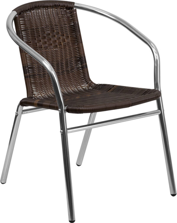 Wholesale Commercial Aluminum and Dark Brown Rattan Indoor-Outdoor Restaurant Stack Chair