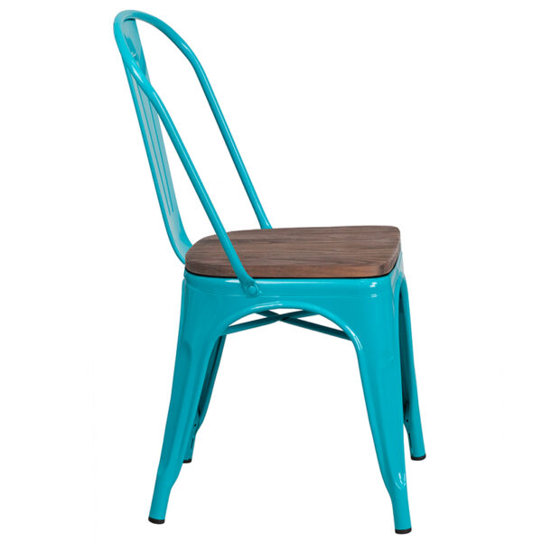 Lowest Price Crystal Teal-Blue Metal Stackable Chair with Wood Seat