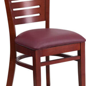 Wholesale Darby Series Slat Back Mahogany Wood Restaurant Chair - Burgundy Vinyl Seat