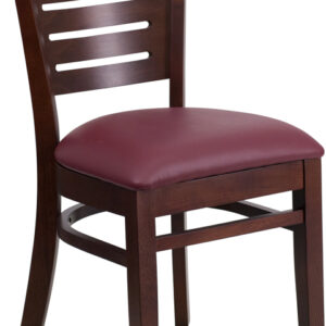 Wholesale Darby Series Slat Back Walnut Wood Restaurant Chair - Burgundy Vinyl Seat