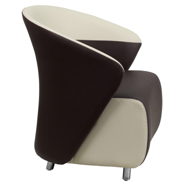 Lowest Price Dark Brown Leather Curved Barrel Back Lounge Chair with Beige Detailing