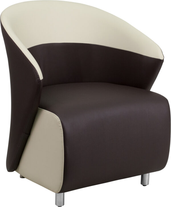 Wholesale Dark Brown Leather Curved Barrel Back Lounge Chair with Beige Detailing