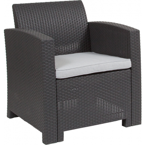 Wholesale Dark Gray Faux Rattan Chair with All-Weather Light Gray Cushion