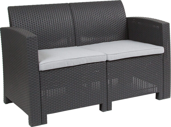 Wholesale Dark Gray Faux Rattan Loveseat with All-Weather Light Gray Cushions
