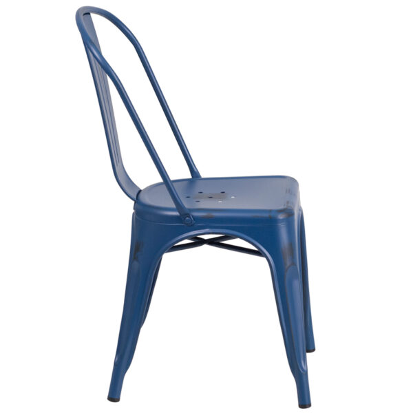Lowest Price Distressed Antique Blue Metal Indoor-Outdoor Stackable Chair