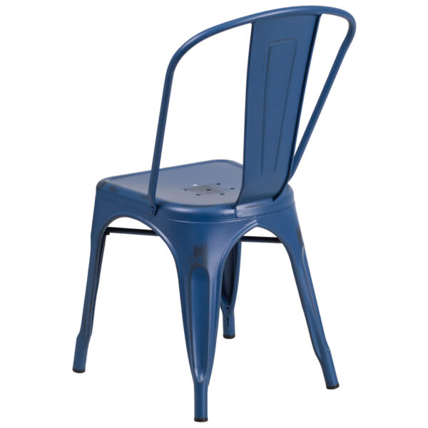 Stackable Bistro Style Chair Distressed Blue Metal Chair
