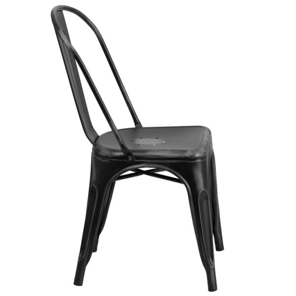 Lowest Price Distressed Black Metal Indoor-Outdoor Stackable Chair