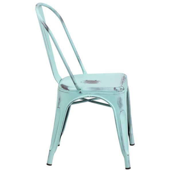 Lowest Price Distressed Green-Blue Metal Indoor-Outdoor Stackable Chair