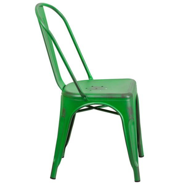 Lowest Price Distressed Green Metal Indoor-Outdoor Stackable Chair