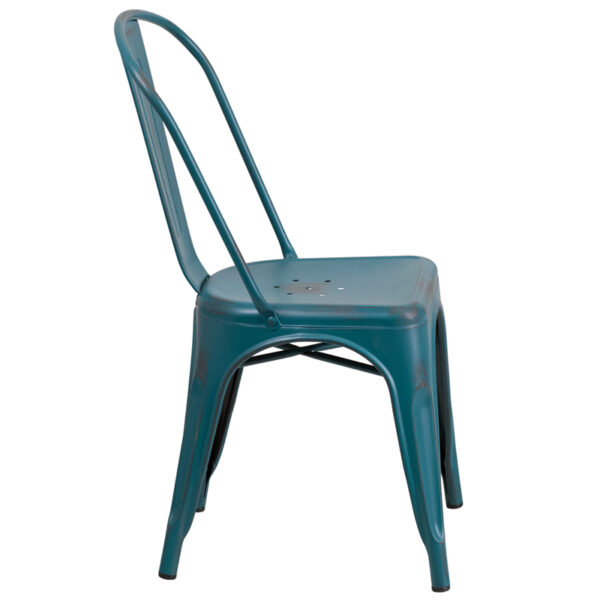 Lowest Price Distressed Kelly Blue-Teal Metal Indoor-Outdoor Stackable Chair