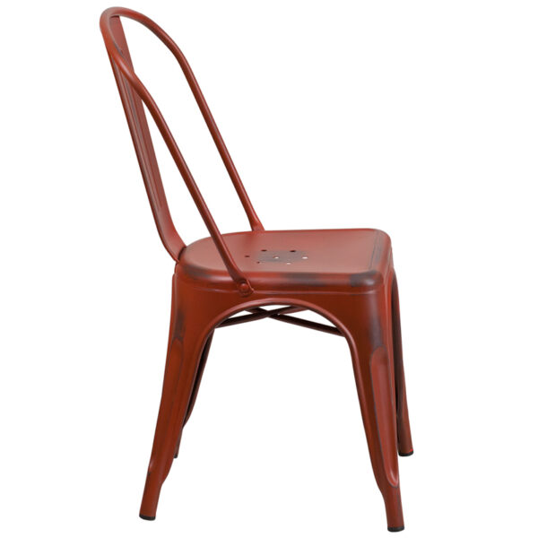 Lowest Price Distressed Kelly Red Metal Indoor-Outdoor Stackable Chair