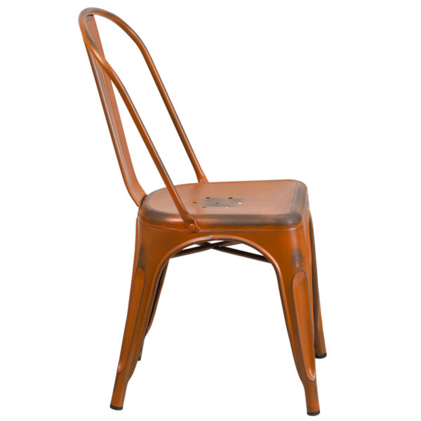 Lowest Price Distressed Orange Metal Indoor-Outdoor Stackable Chair