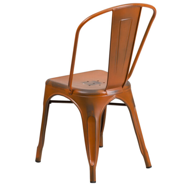 Stackable Bistro Style Chair Distressed Orange Metal Chair