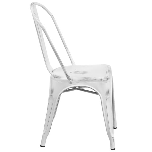 Lowest Price Distressed White Metal Indoor-Outdoor Stackable Chair