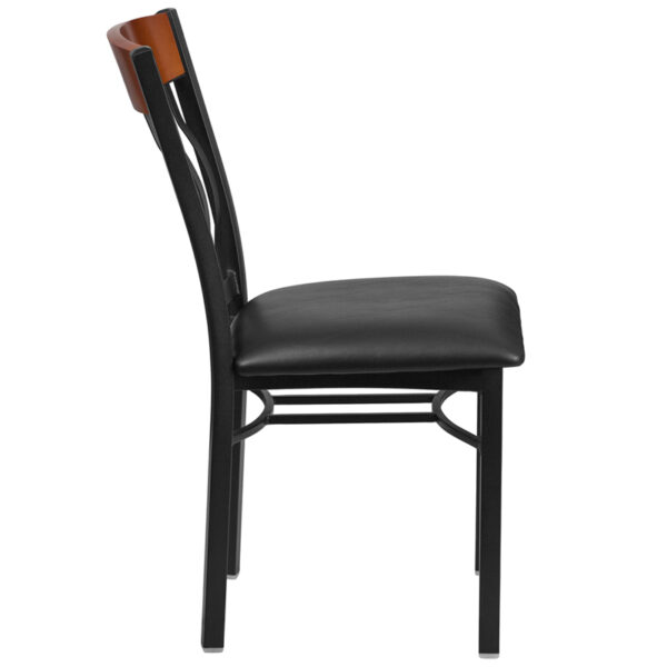 Lowest Price Eclipse Series Vertical Back Black Metal and Cherry Wood Restaurant Chair with Black Vinyl Seat