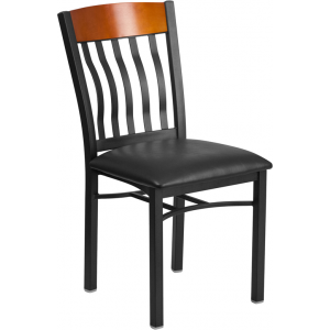 Wholesale Eclipse Series Vertical Back Black Metal and Cherry Wood Restaurant Chair with Black Vinyl Seat