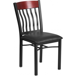 Wholesale Eclipse Series Vertical Back Black Metal and Mahogany Wood Restaurant Chair with Black Vinyl Seat