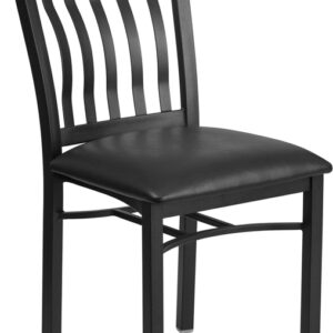 Wholesale Eclipse Series Vertical Back Black Metal and Mahogany Wood Restaurant Chair with Black Vinyl Seat
