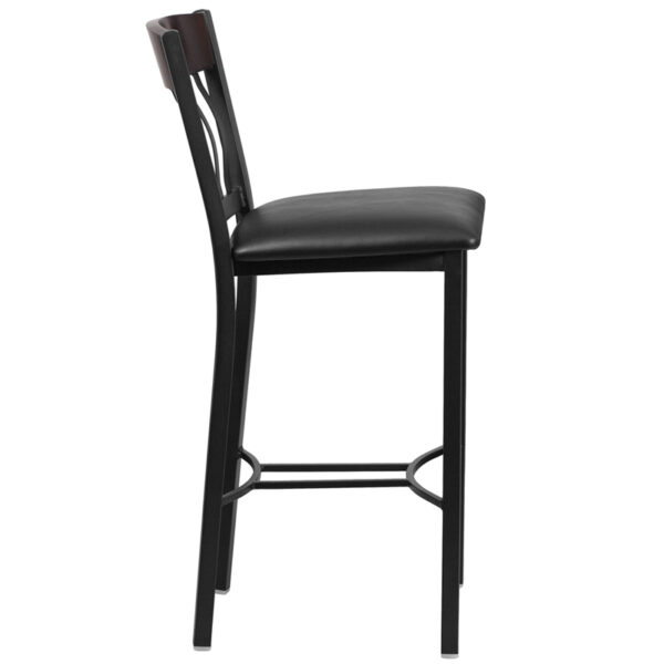 Lowest Price Eclipse Series Vertical Back Black Metal and Walnut Wood Restaurant Barstool with Black Vinyl Seat