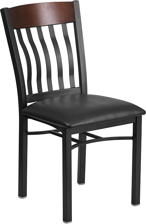 Wholesale Eclipse Series Vertical Back Black Metal and Walnut Wood Restaurant Chair with Black Vinyl Seat
