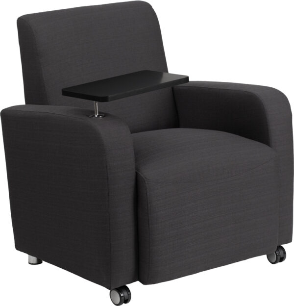 Wholesale Gray Fabric Guest Chair with Tablet Arm and Front Wheel Casters