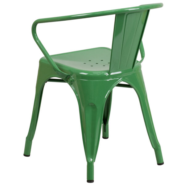 Stackable Bistro Style Chair Green Metal Chair With Arms