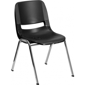 Wholesale HERCULES Series 440 lb. Capacity Kid's Black Ergonomic Shell Stack Chair with Chrome Frame and 14" Seat Height