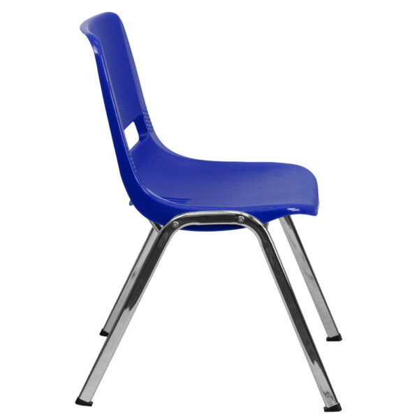 Lowest Price HERCULES Series 440 lb. Capacity Kid's Navy Ergonomic Shell Stack Chair with Chrome Frame and 14" Seat Height