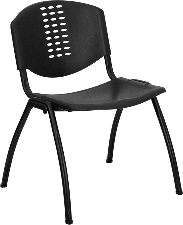 Wholesale HERCULES Series 880 lb. Capacity Black Plastic Stack Chair with Oval Cutout Back and Black Frame