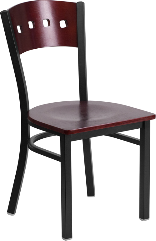 Wholesale HERCULES Series Black 4 Square Back Metal Restaurant Chair - Mahogany Wood Back & Seat