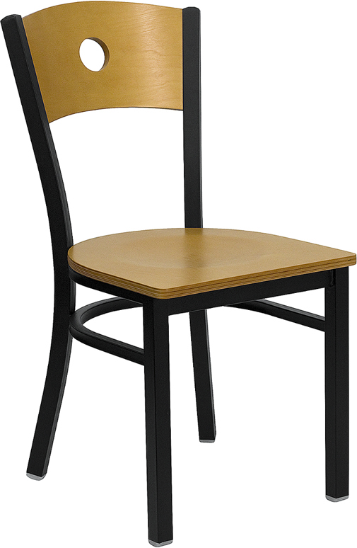 Wholesale HERCULES Series Black Circle Back Metal Restaurant Chair - Natural Wood Back & Seat