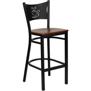 Wholesale HERCULES Series Black Coffee Back Metal Restaurant Barstool - Cherry Wood Seat