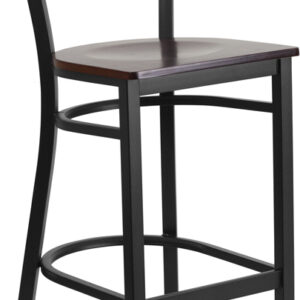 Wholesale HERCULES Series Black Coffee Back Metal Restaurant Barstool - Walnut Wood Seat