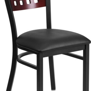 Wholesale HERCULES Series Black Cutout Back Metal Restaurant Chair - Mahogany Wood Back