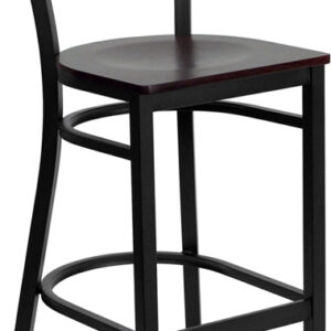 Wholesale HERCULES Series Black Grid Back Metal Restaurant Barstool - Mahogany Wood Seat