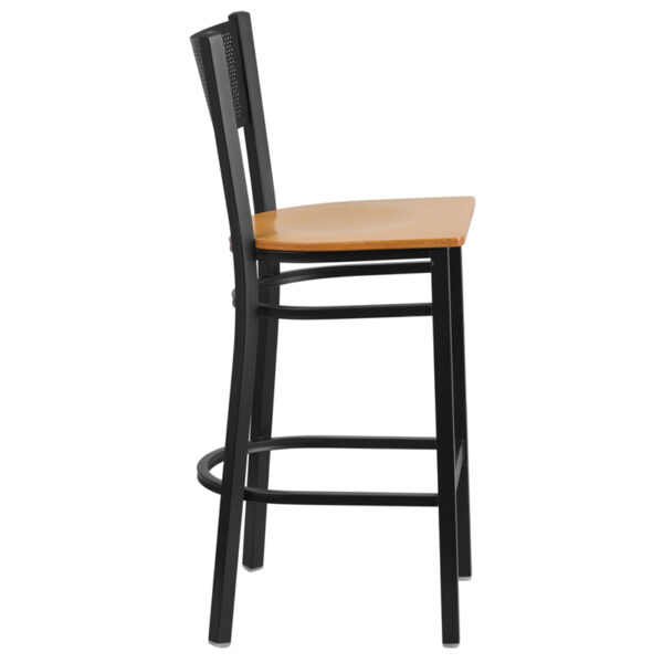 Lowest Price HERCULES Series Black Grid Back Metal Restaurant Barstool - Natural Wood Seat