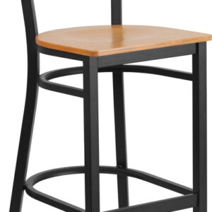 Wholesale HERCULES Series Black Grid Back Metal Restaurant Barstool - Natural Wood Seat