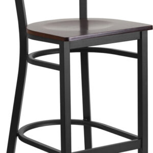 Wholesale HERCULES Series Black Grid Back Metal Restaurant Barstool - Walnut Wood Seat