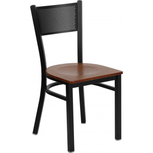 Wholesale HERCULES Series Black Grid Back Metal Restaurant Chair - Cherry Wood Seat