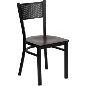 Wholesale HERCULES Series Black Grid Back Metal Restaurant Chair - Mahogany Wood Seat