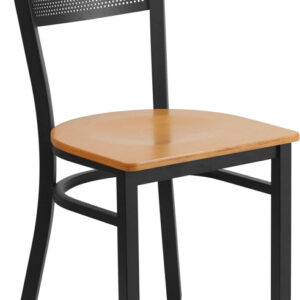 Wholesale HERCULES Series Black Grid Back Metal Restaurant Chair - Natural Wood Seat